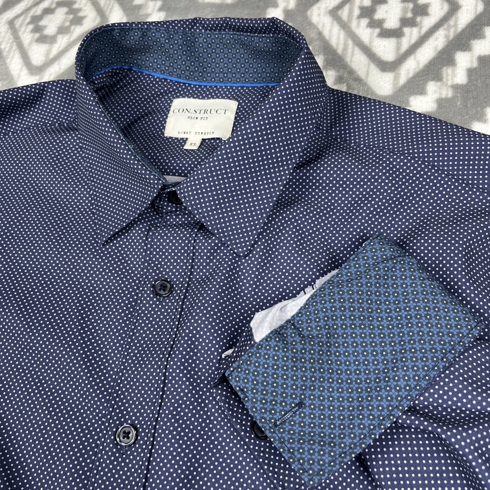 Construct Shirt Mens XL Blue Polka Geometric Flip Cuff 4 Way Stretch Performance